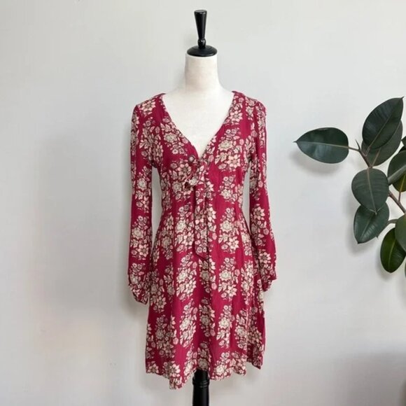 American Eagle Red Maroon Burgundy Cream Floral Cutout Boho Floral Dress - Picture 2 of 12